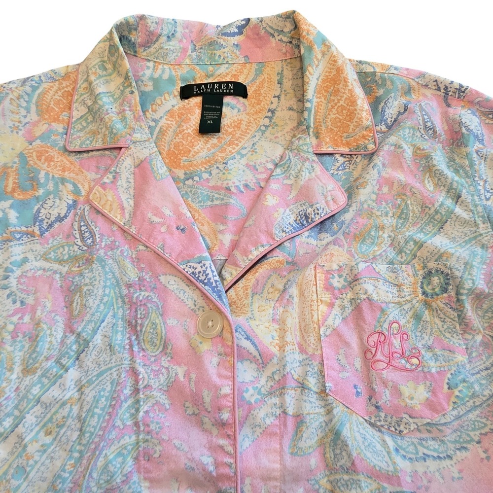 Lauren Ralph Lauren Pajama Set Women XL Pink Paisley Floral Capri 2 Pc Cotton
